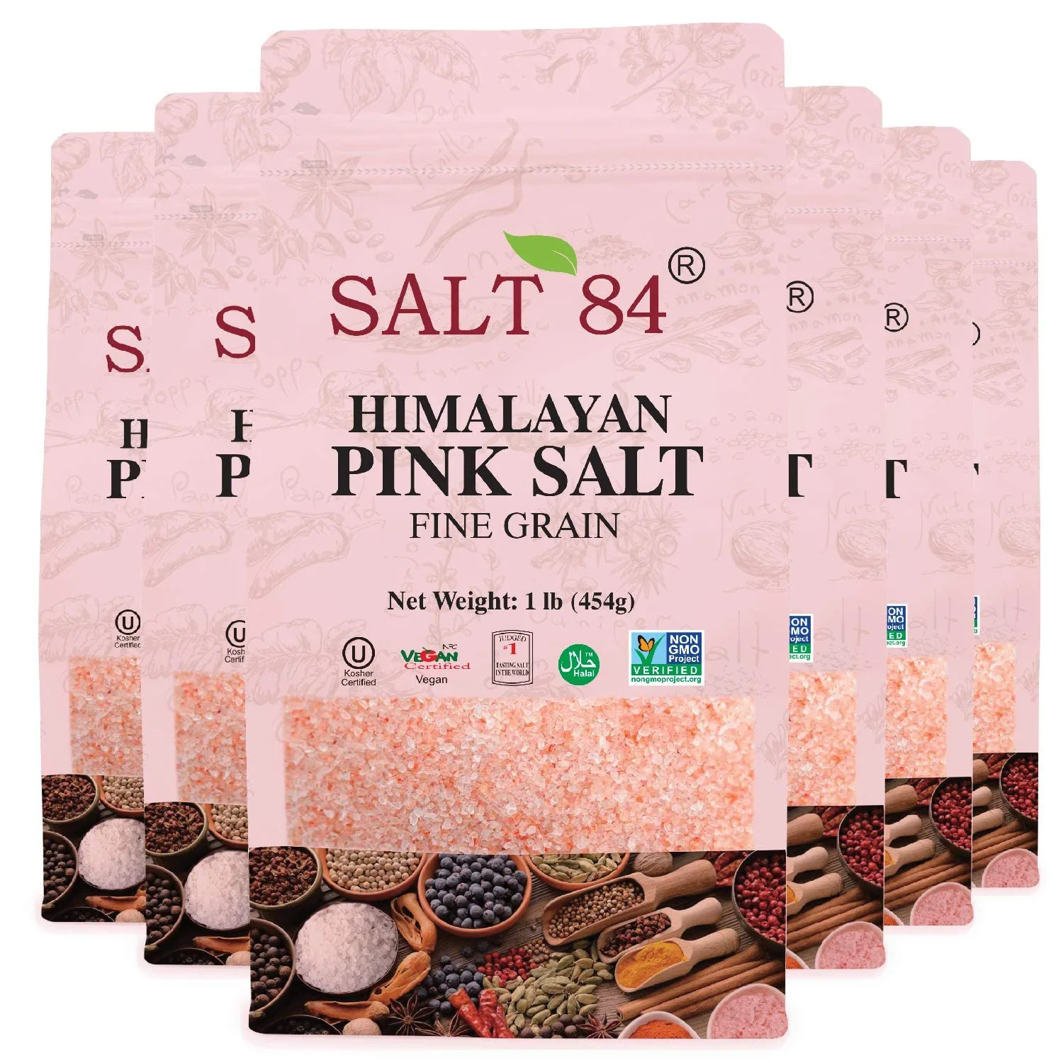 SALT 84 Pink Himalayan Salt Fine Grain – 1LBS/ Each, Pack of 6