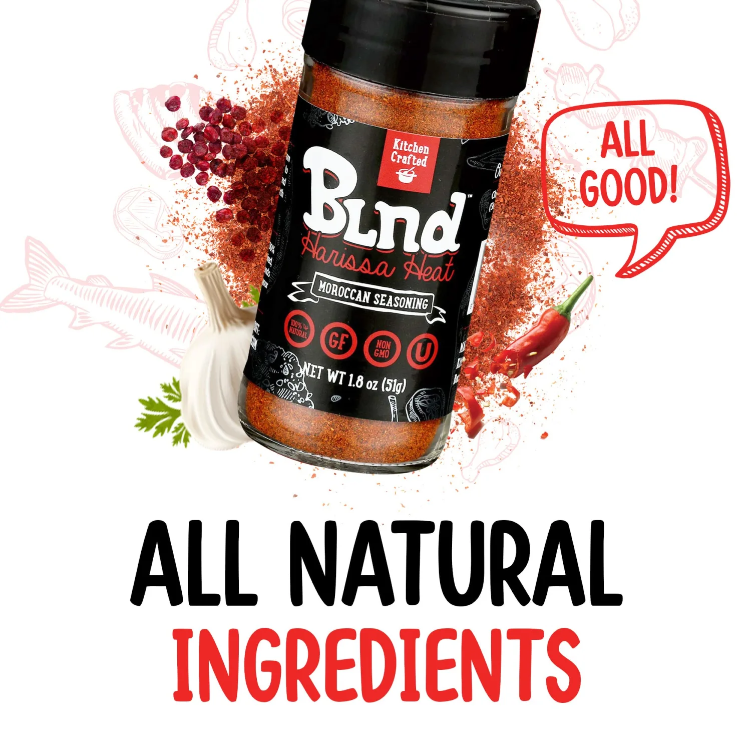 Kitchen Crafted - BLND Harissa Heat Spices and Seasonings, Moroccan BBQ Rubs and Spices for Smoking, Use As Steak Seasoning, Brisket Rub, Chicken Seasoning, or Non GMO Vegetable Seasoning, 2.2oz