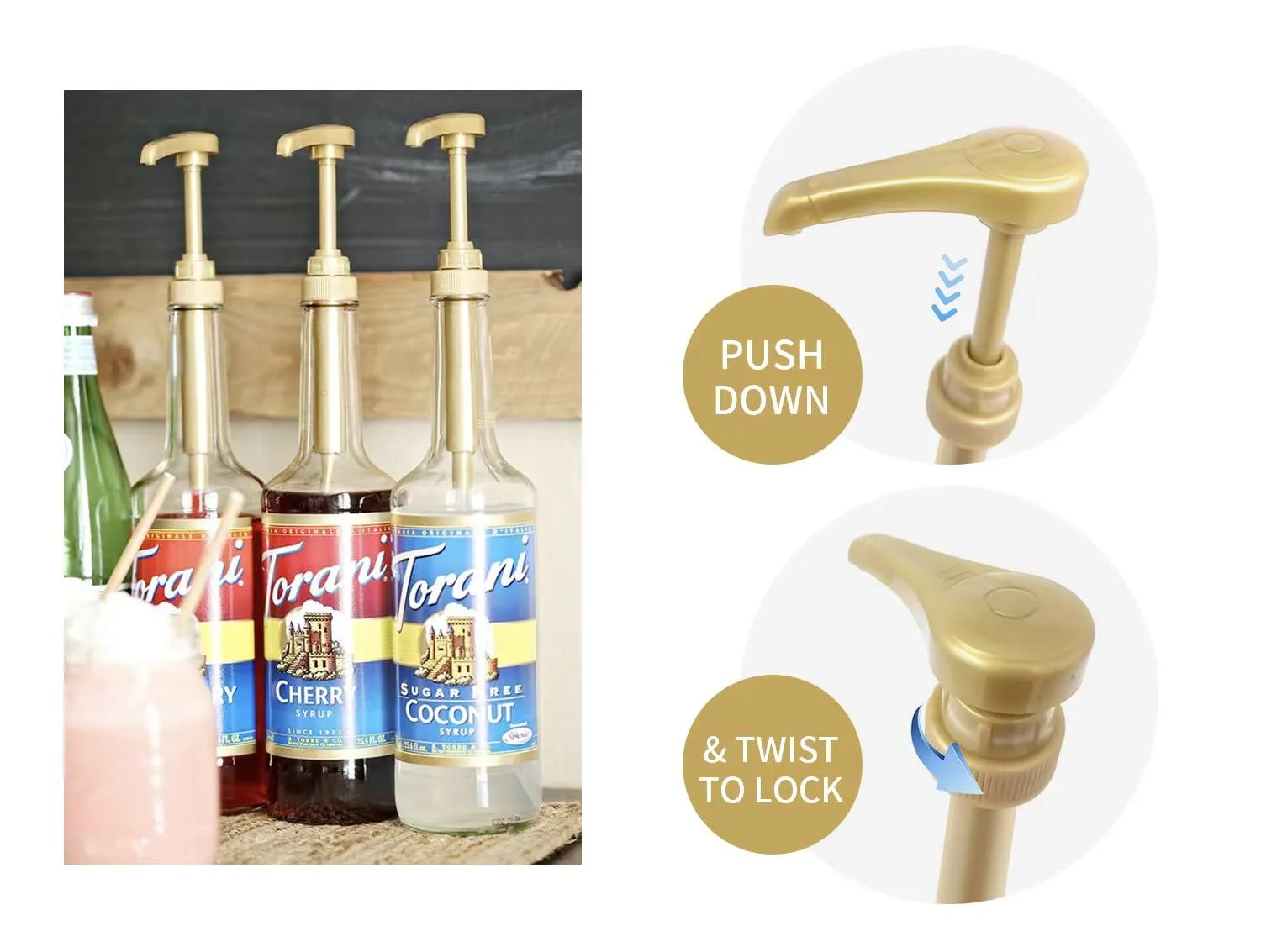 2-Pack Jordans Skinny Syrups Gold Pumps for 750 ml Bottles, Fits Torani, DaVinci 750ML Bottle By AlphaPantry | BPA FREE