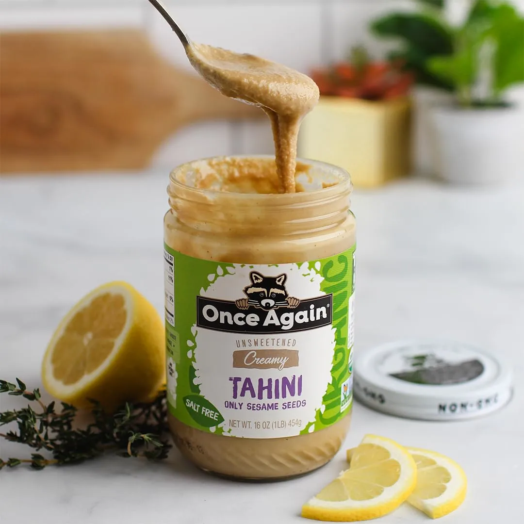 Once Again Organic Tahini, Single Ingredient - Vegan, Non-GMO, Kosher, Gluten Free - For Hummus Dips, Dressings, Spreads - Organic Tahini Paste from Pure Sesame Seeds (16 oz Glass Jar)