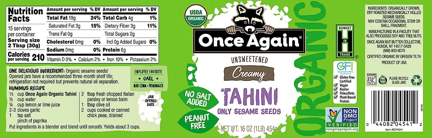 Once Again Organic Tahini, Single Ingredient - Vegan, Non-GMO, Kosher, Gluten Free - For Hummus Dips, Dressings, Spreads - Organic Tahini Paste from Pure Sesame Seeds (16 oz Glass Jar)