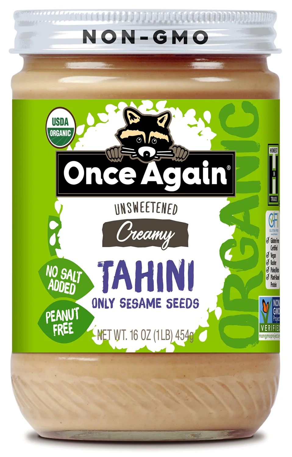 Once Again Organic Tahini, Single Ingredient - Vegan, Non-GMO, Kosher, Gluten Free - For Hummus Dips, Dressings, Spreads - Organic Tahini Paste from Pure Sesame Seeds (16 oz Glass Jar)