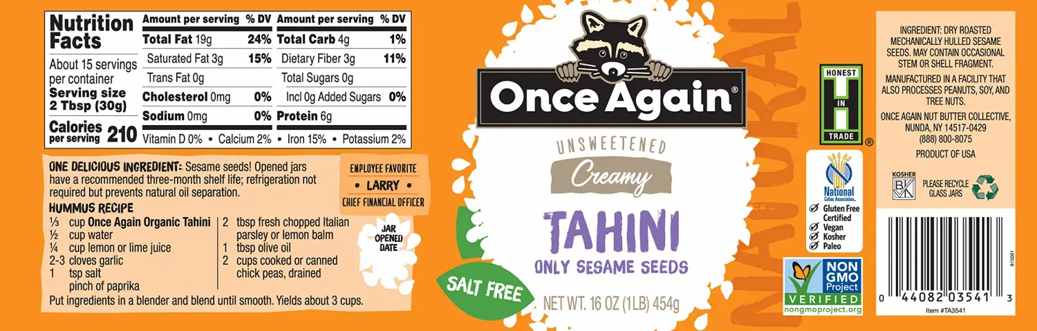 Once Again Natural Sesame Tahini - Salt Free, Unsweetened - 16 oz Jar, Packaging May Vary