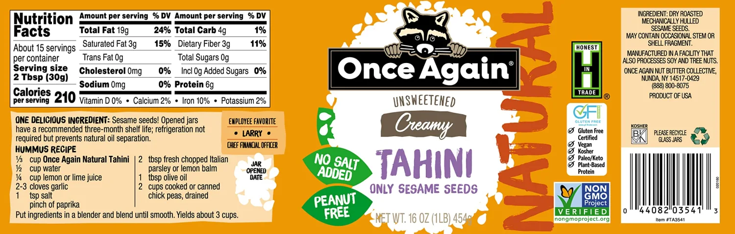 Once Again Natural Sesame Tahini - Salt Free, Unsweetened - 16 oz Jar, Packaging May Vary
