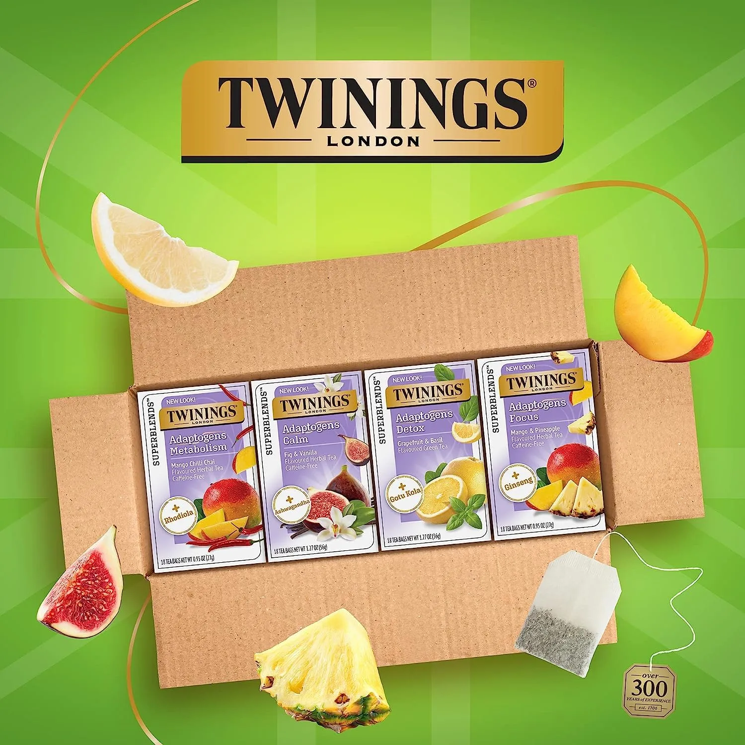 Twinings Superblends Adaptogens Wellness Variety Sampler Pack, Flavoured Herbal & Green Tea, 18 Count (Pack of 4), Enjoy Hot or Iced