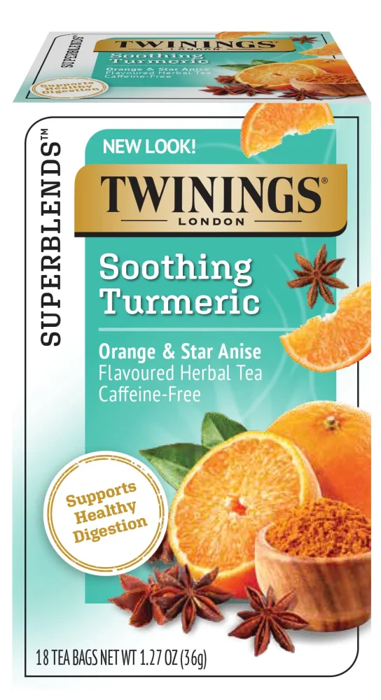 Twinings Superblends Soothing Turmeric Orange & Star Anise Flavoured Herbal Tea Caffeine-Free, 18 Tea Bags (Pack of 6), Enjoy Hot or Iced