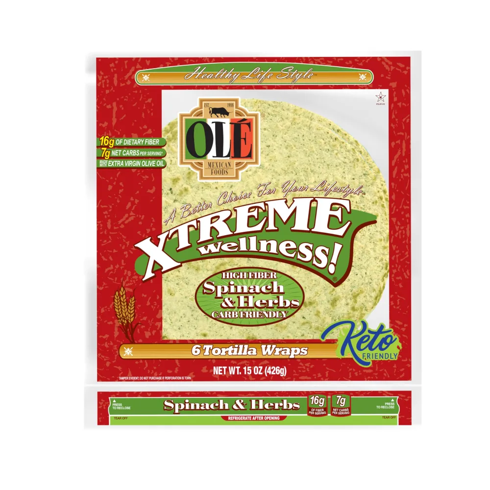 Olé Xtreme Wellness® Spinach & Herbs | 10" Size Flour Tortillas |Carb Friendly |Keto Friendly | 15 oz.| 6 Count (Pack of 4)