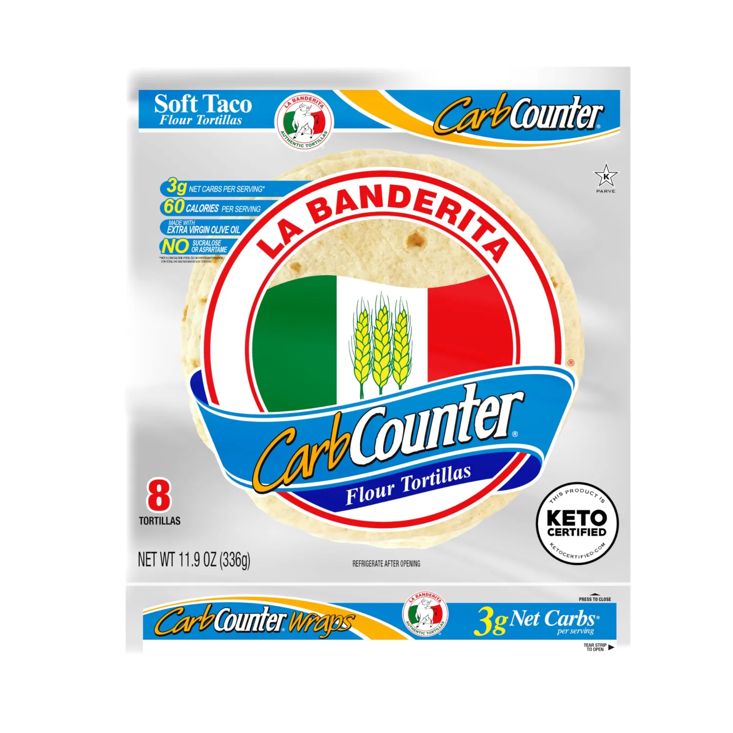 La Banderita Carb Counter® White | 8" Size Flour Tortillas |Carb Friendly |Keto Certified | 11.9 oz.| 8 Count (Pack of 4)