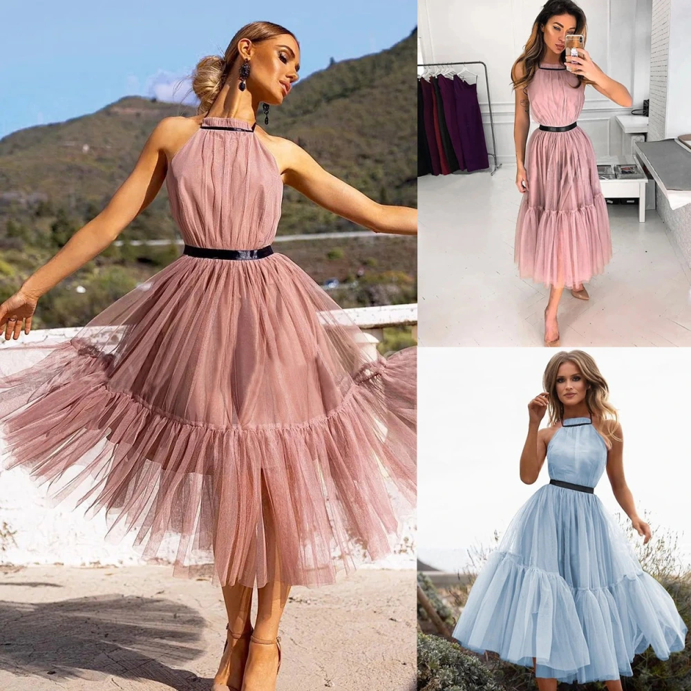 Spring And Summer New Halter Mesh Casual Women's Loose-fitting Pleated Dress