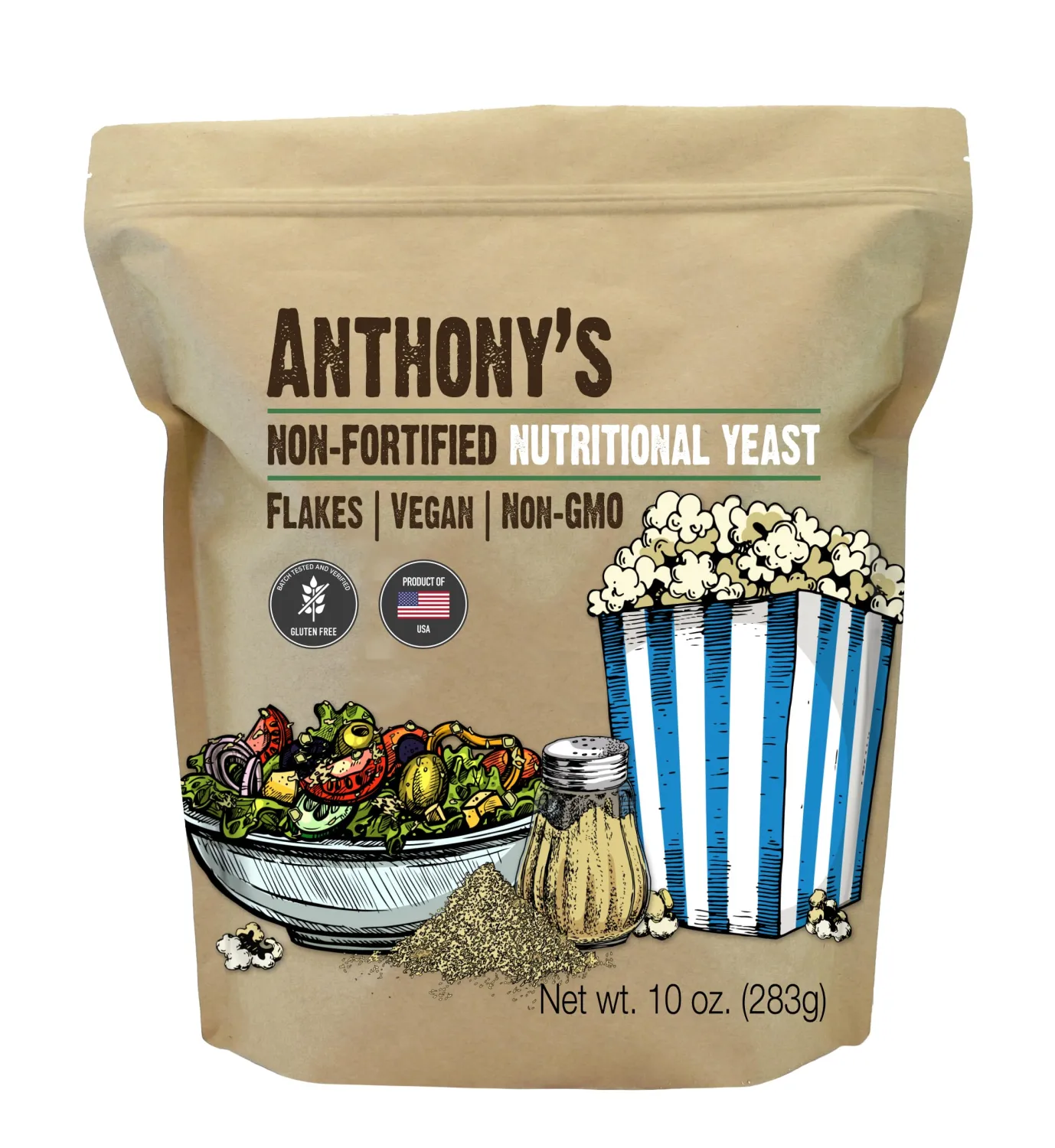 Anthony's Premium Nutritional Yeast Flakes, 10 oz, Non Fortified, Batch Tested Gluten Free, Non GMO