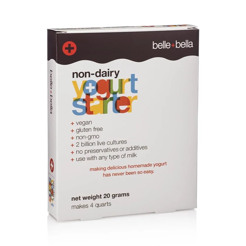 Belle + Bella Non-Dairy Vegan Yogurt Starter - Gluten Free, No Added Sugar, Non GMO - Makes 4 Quarts Vegan Yogurt - 2 Billion Live Cultures - Mix with Any Dairy Free or Dairy Milk - 1 Box