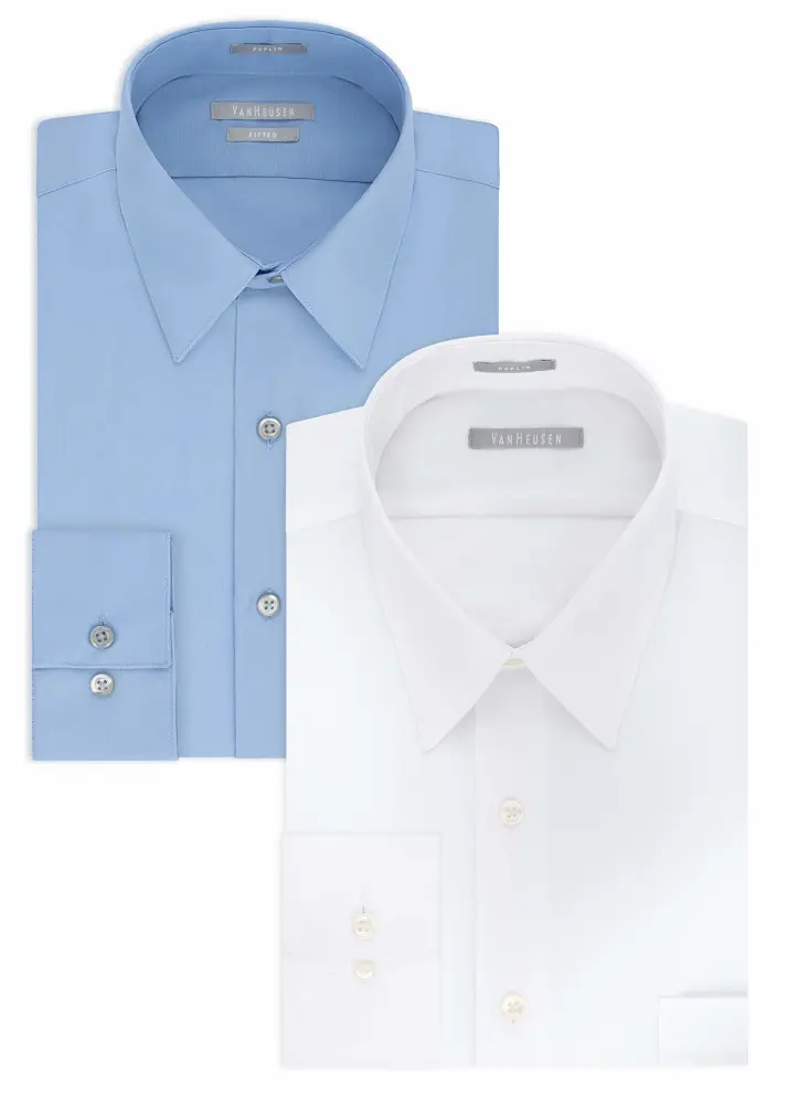 Van Heusen Men's Poplin Fitted Solid Point Collar Dress Shirt, White/Cameo Blue, 18" Neck 34"-35" Sl