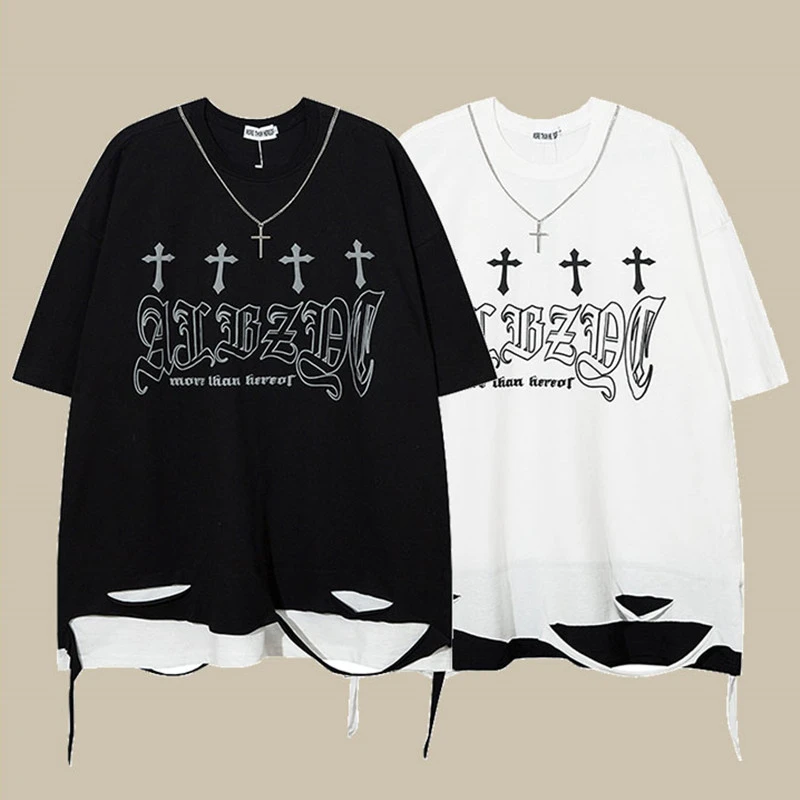 High Street Hip Hop Holes Fake Two Piece Cross Men's Short Sleeves