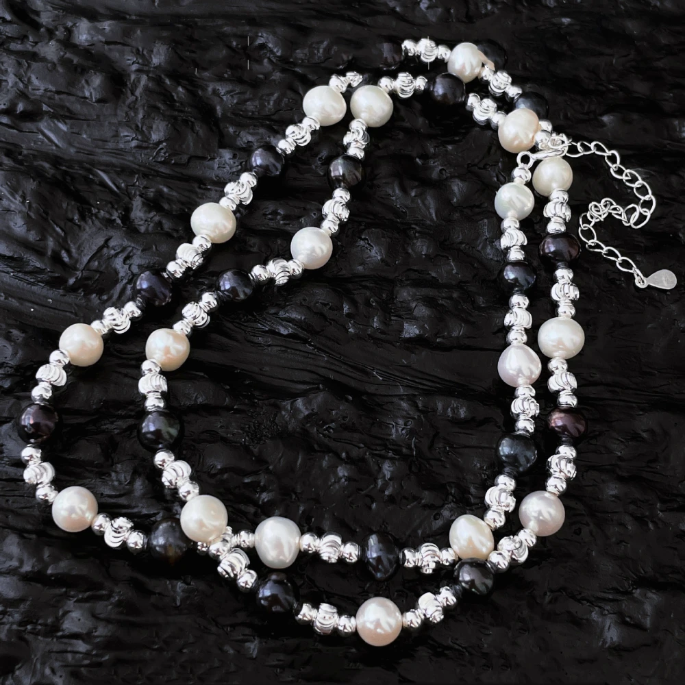 Silver Black And White Pearl Laser Bead Necklace