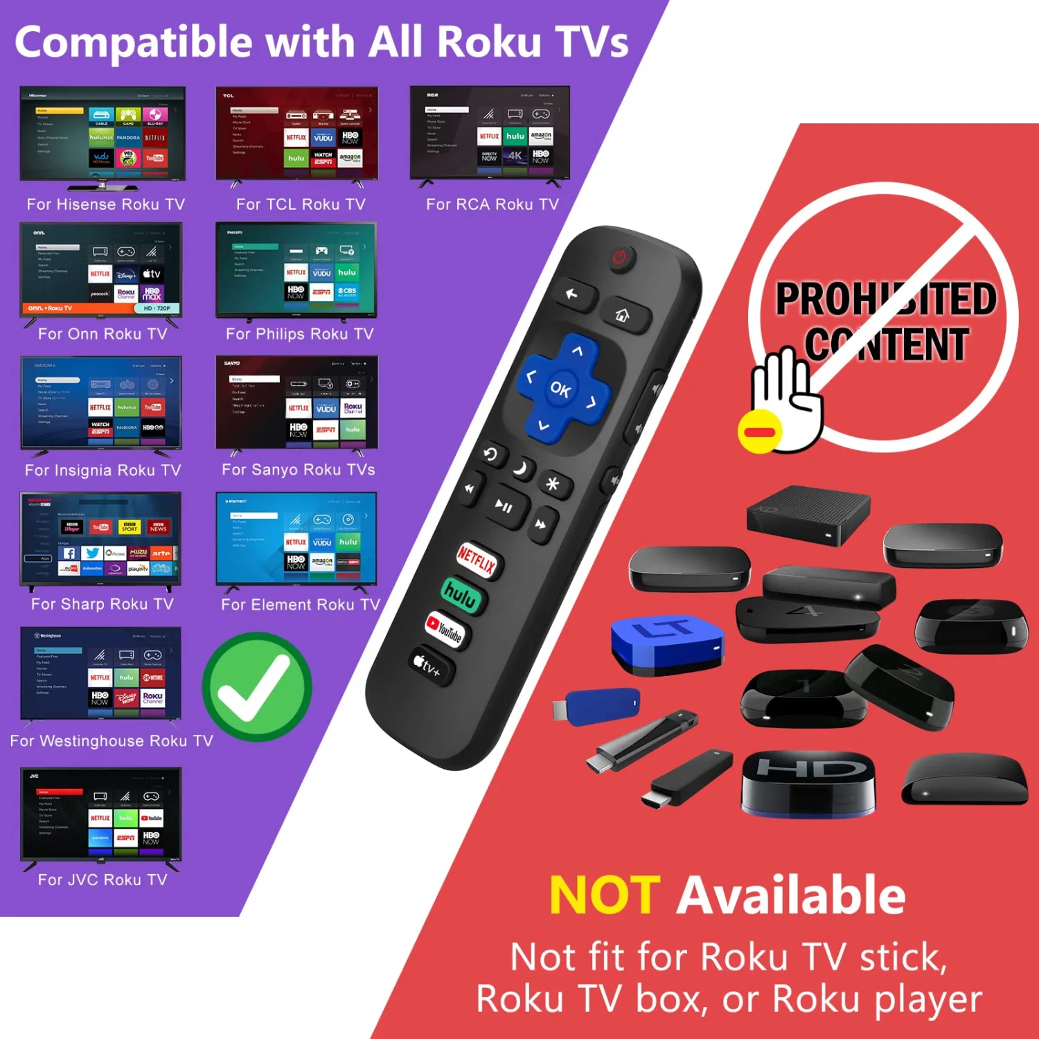 【Pack of 2】 RC280 Remote Control for Roku TVs,Compatible TCL Roku/Hisense Roku/Onn Roku/Sharp Roku/Element Roku/Westinghouse Roku/Philips Roku/Insignia Roku/Jvc Roku/RCA Smart TVs
