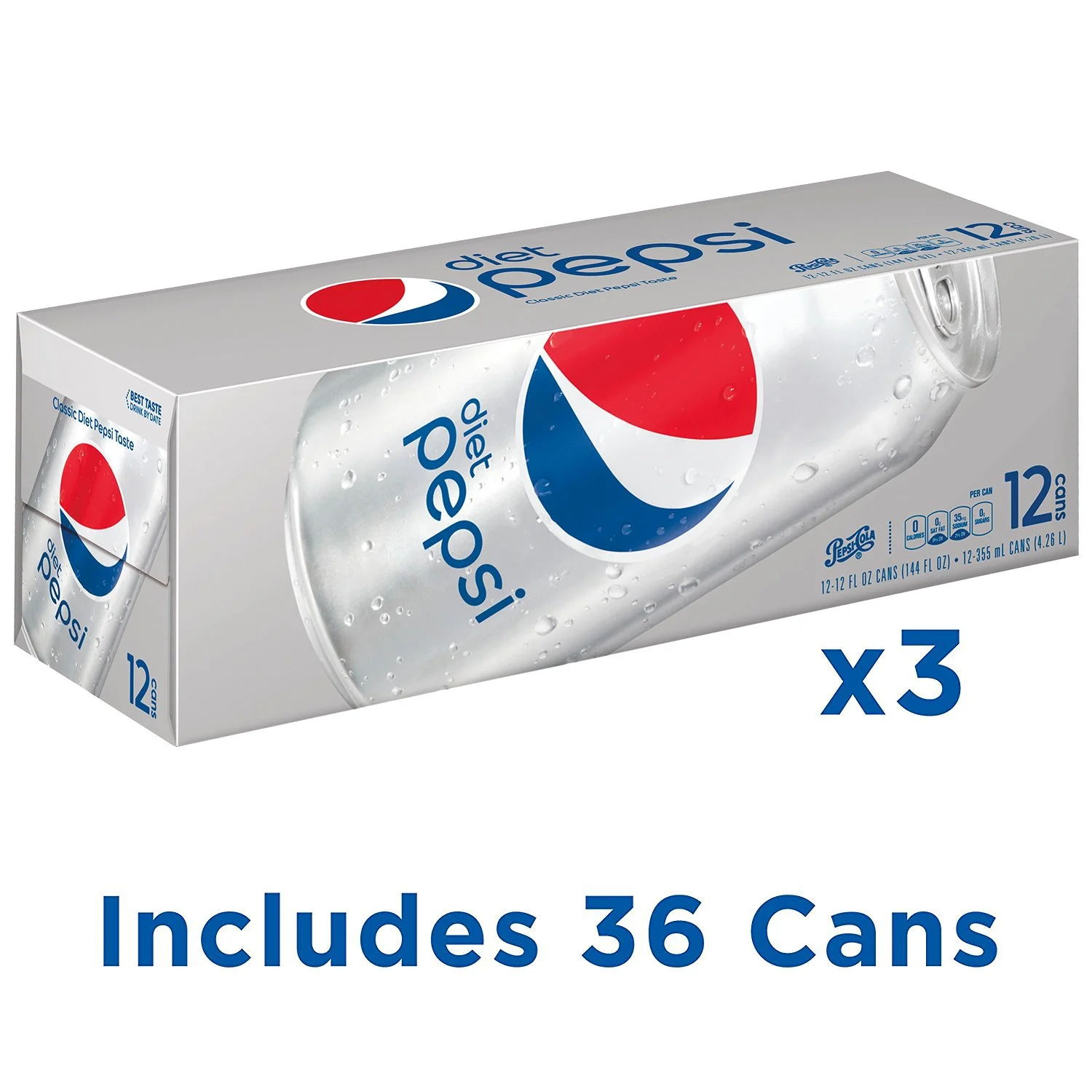 Diet Pepsi Soda, Fridge Pack Bundle, 12 fl oz, 36 Cans