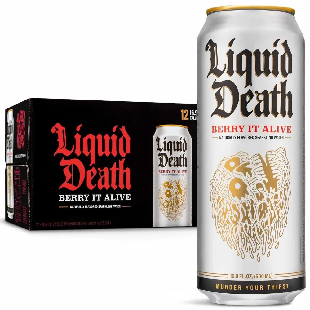 Liquid Death, Berry It Alive Sparkling Water, 12-Pack (Tallboy Size 16.9oz Cans), Berry Flavored Sparkling Beverage Sweetened With Real Agave, Low Calorie & Low Sugar