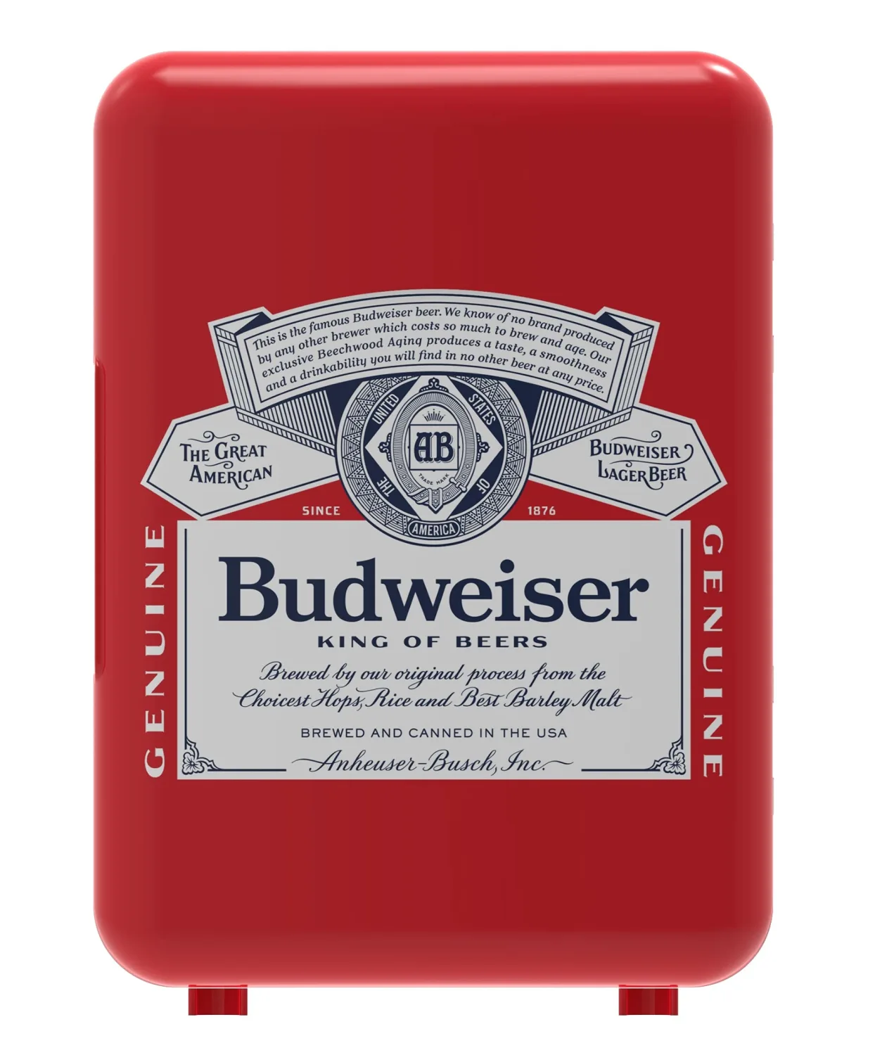 CURTIS Budweiser MIS135BUD, Mini Portable Compact Personal Fridge Cooler, 4 Liter Capacity Chills Six 12 oz Cans, 100% Freon-Free & Eco Friendly, RED