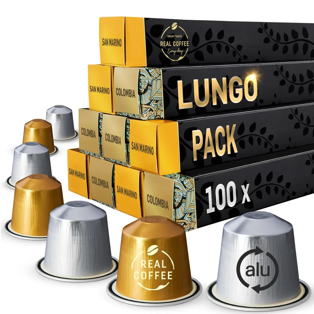 Lungo Variety Pack for Nespresso | 100 Test Winning Aluminum Capsules | 2 Smooth Italian Flavors ‘San Marino’ and ‘Colombia’ | 100% Nespresso Compatible Pods