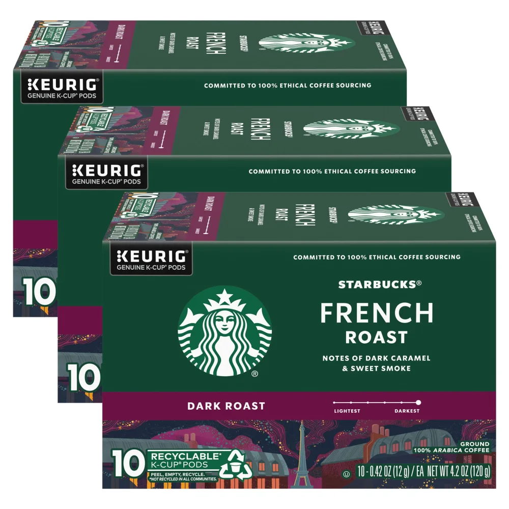 Starbucks Coffee K-Cup Pods, French Roast, Dark Roast Ground Coffee K-Cups for Keurig Brewers, 100% Arabica Coffee, 10 CT K-Cup Pods/Box (Pack of 3 Boxes)