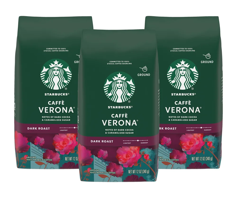 Starbucks Caffe Verona Coffee, Dark, Ground, 12-Ounce Bags (Pack of 3)