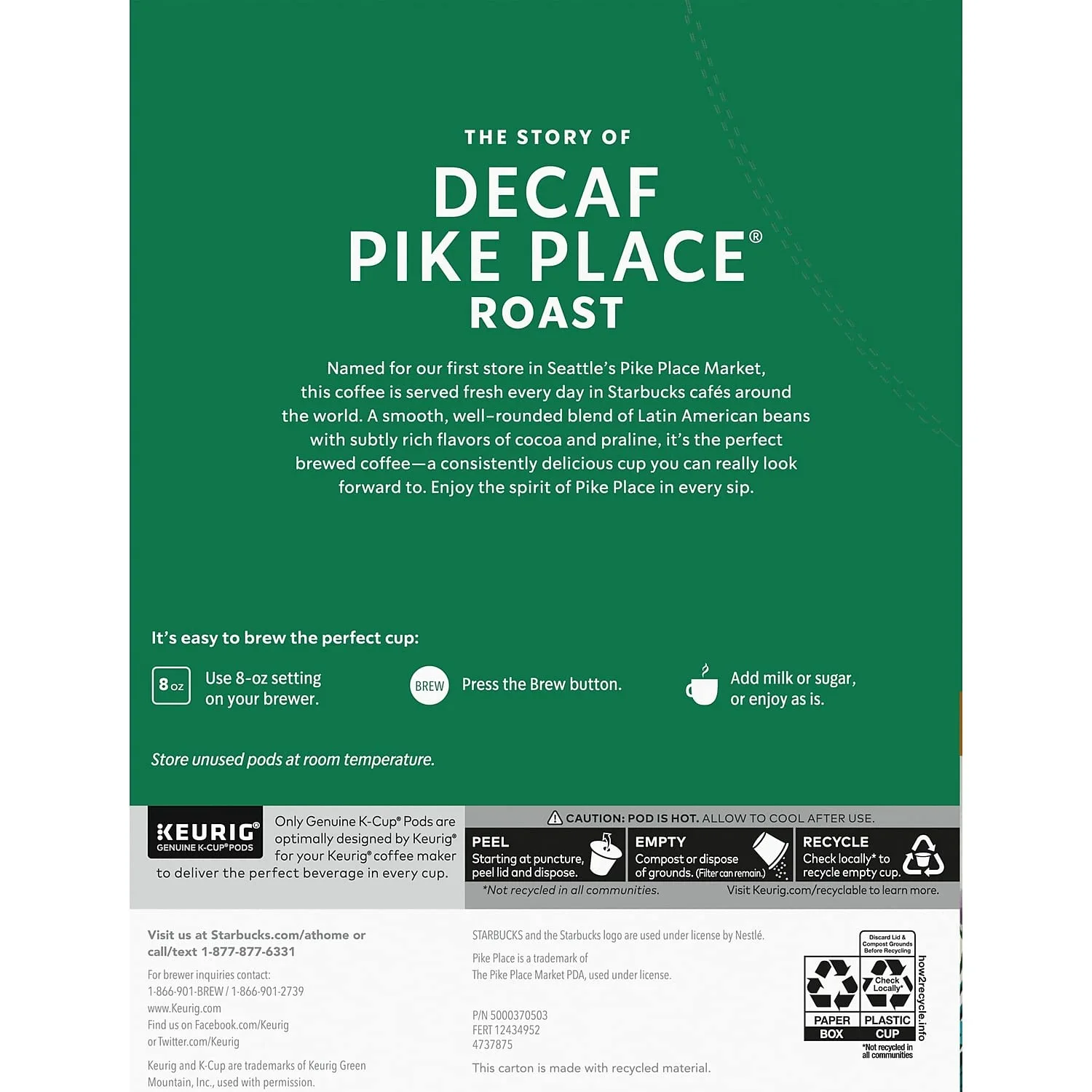 Starbucks Pike Place Decaf Coffee, Keurig (100684)