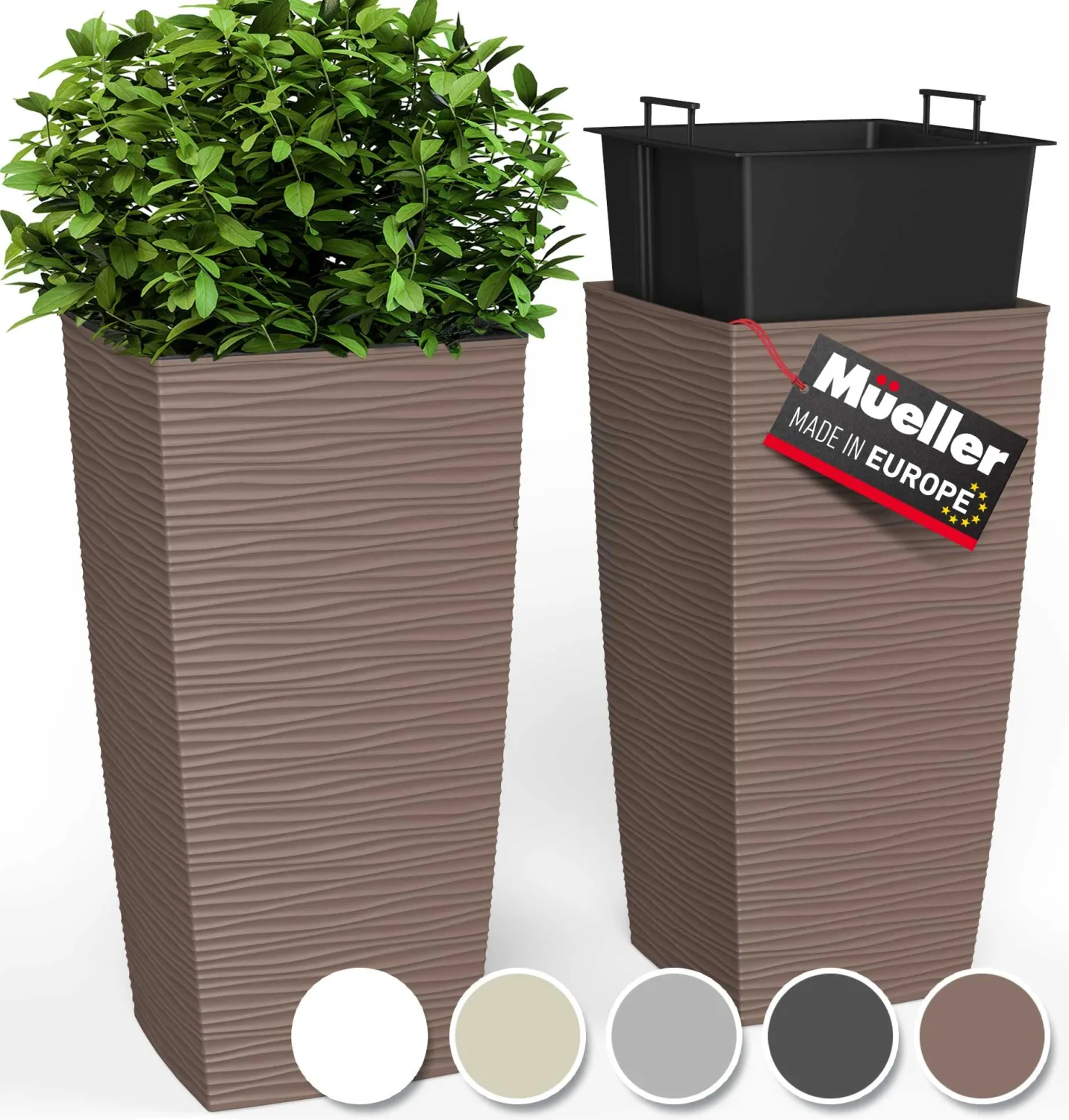 Janska by Mueller M-Resin Heavy Duty Tall Planter, Indoor/Outdoor Grande Plant, Tree, Flower Pot, 2-Piece Set, 24”, Modern Design, Built-in Drainage, Mocha
