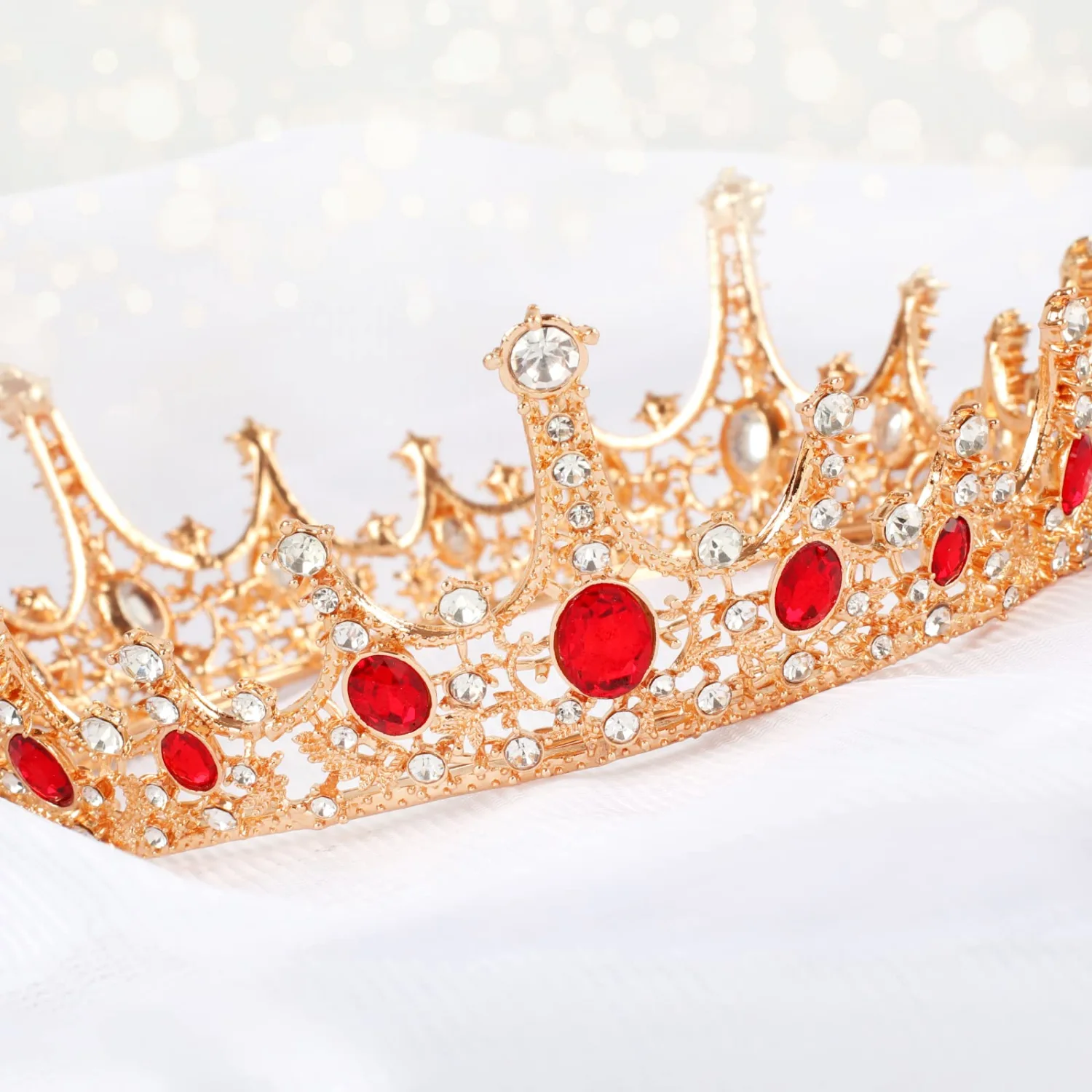 Makone Gold Crowns for Women, Fairy Costume Birthday Crowns and Tiaras with Gemstones Girls Renaissance Accessories for Christmas Halloween, Cosplay Costume, Birthday Party, Wedding Prom, Pageant (Ruby)