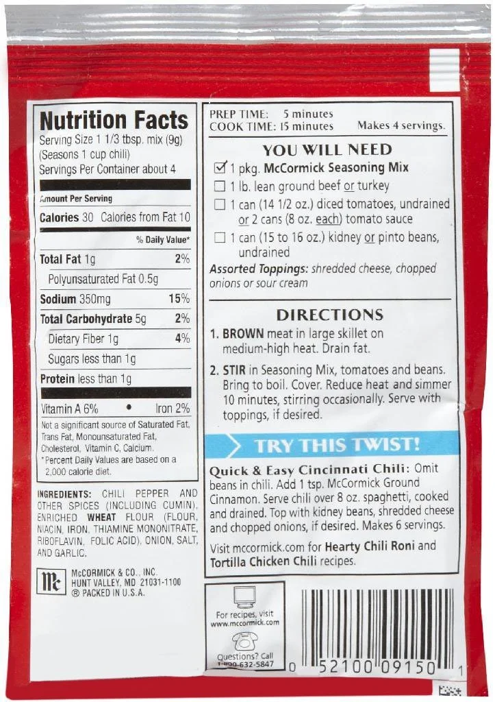 McCormick Chili Seasoning Mix, 1.25 oz, 6 pk