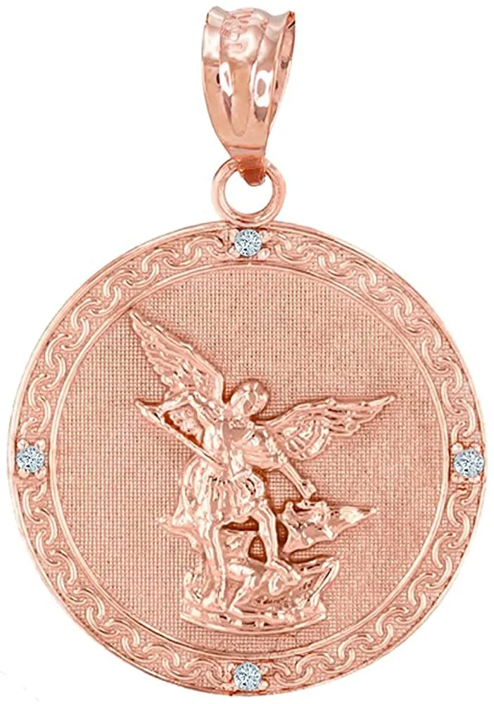 10K Gold Saint Michael The Archangel Diamond Accented Medal Pendant (G-H Color, SI1-SI2 Clarity) - Choice of Metal