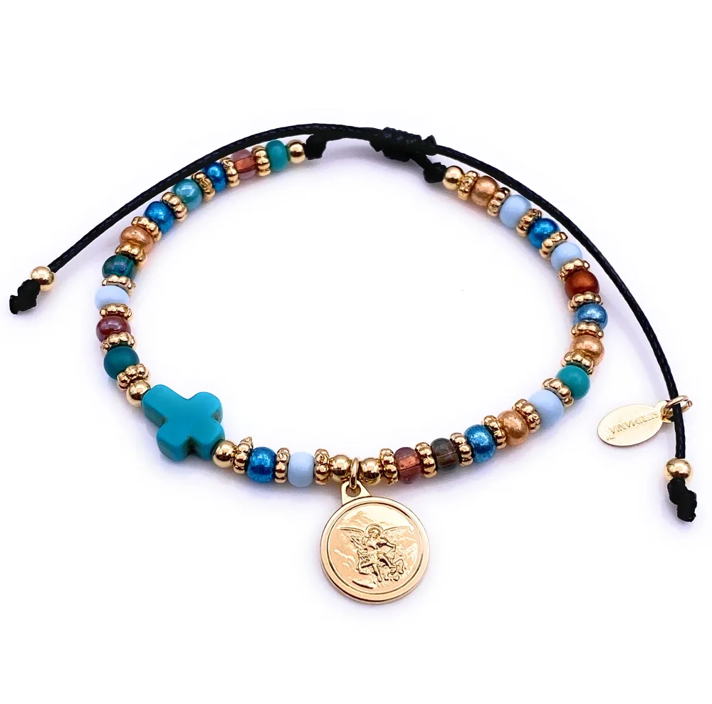 SIFRIMANIA Saint Michael Bead Adjustable Bracelet for Women, Protection Cross Religious Medal