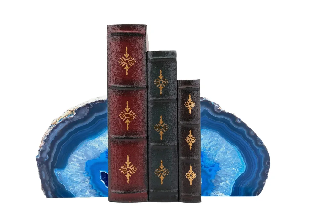 AMOYSTONE Natural Blue Agate Bookends, Heavy-Duty Multi-Purpose Book Ends for Shelves, Decorative Crystal Book Stopper, 4-6 LBS, Perfect for Office Bookcase