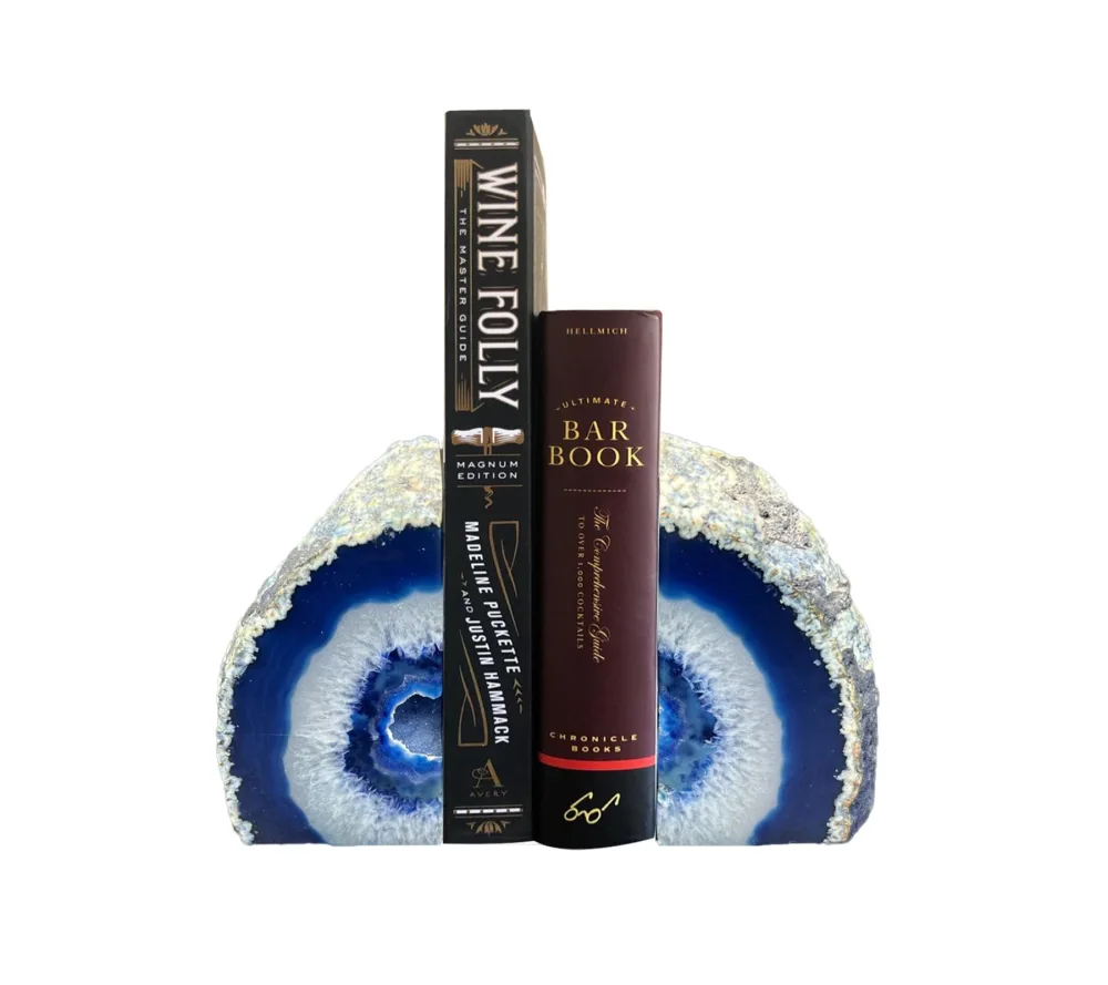 AMOYSTONE Natural Blue Agate Geode Bookends, Decorative Book Ends for Shelves, Stackable Book Stopper for Small Books, Unique Agate Stone Bookends, 2-3 LBS, Perfect for Home Office Decor