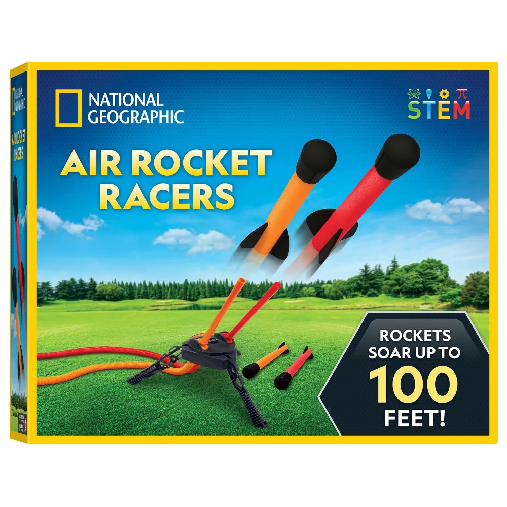 NATIONAL GEOGRAPHIC Air Rocket Toy – Jump & Launch Dueling Air Rockets up to 100Ft., Includes Launcher, 4 Foam-Tipped Rockets, Outdoors Kids Toys, Kids Science Kit, Rocket Launcher (Zinc Exclusive)