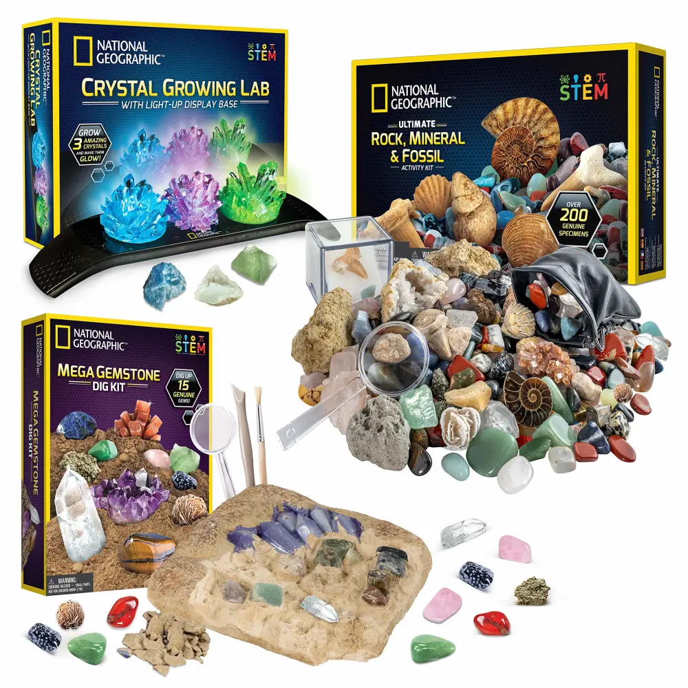 NATIONAL GEOGRAPHIC Geology Bundle – Including Rock Collection Box for Kids, Crystal Growing Kit, and Gemstone Dig Kit, Real Gemstones and Crystals, Science Kit for Boys and Girls (Zinc Exclusive)