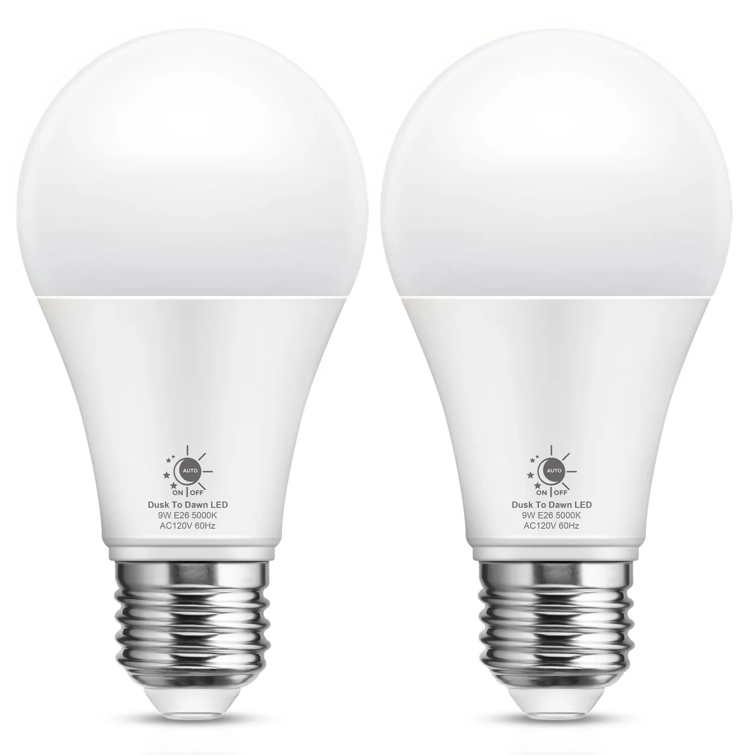 LOHAS Dusk to Dawn Light Bulbs Outdoor, Light Sensor Bulb 60W Equivalent, A19 LED Bulb Daylight 5000K, 9W Photocell Sensor, 900LM Auto On/Off Porch Lights, E26 Base for Garage, 2Pack