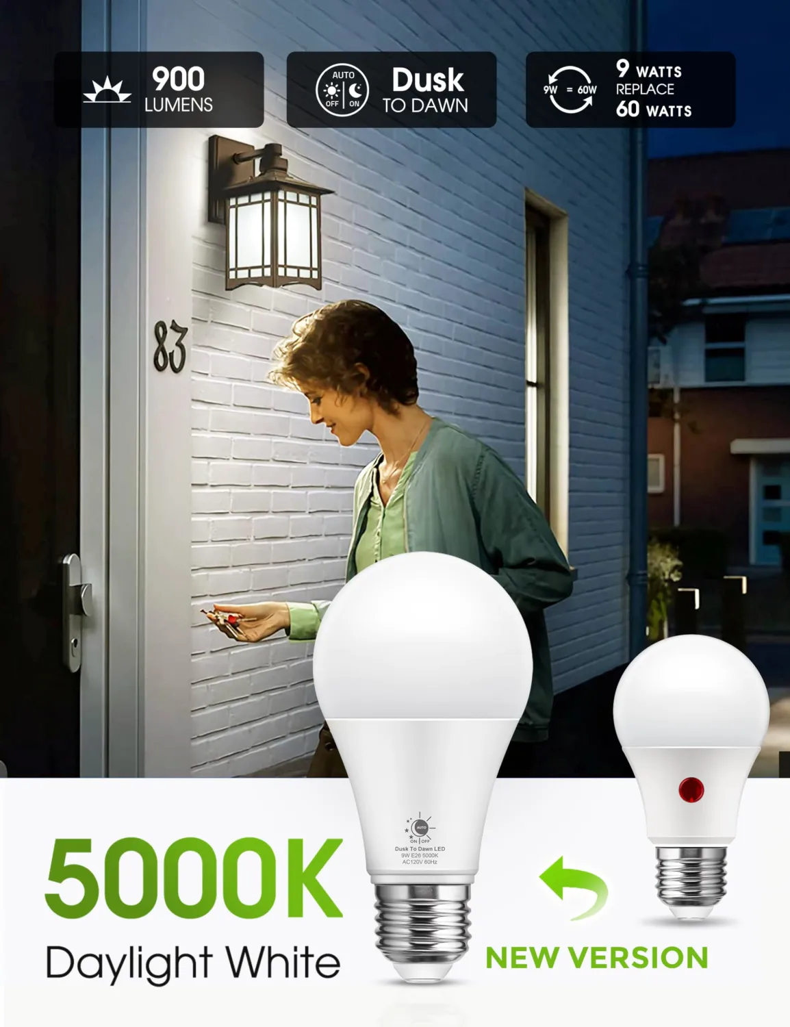LOHAS Dusk to Dawn Light Bulbs Outdoor, Light Sensor Bulb 60W Equivalent, A19 LED Bulb Daylight 5000K, 9W Photocell Sensor, 900LM Auto On/Off Porch Lights, E26 Base for Garage, 2Pack