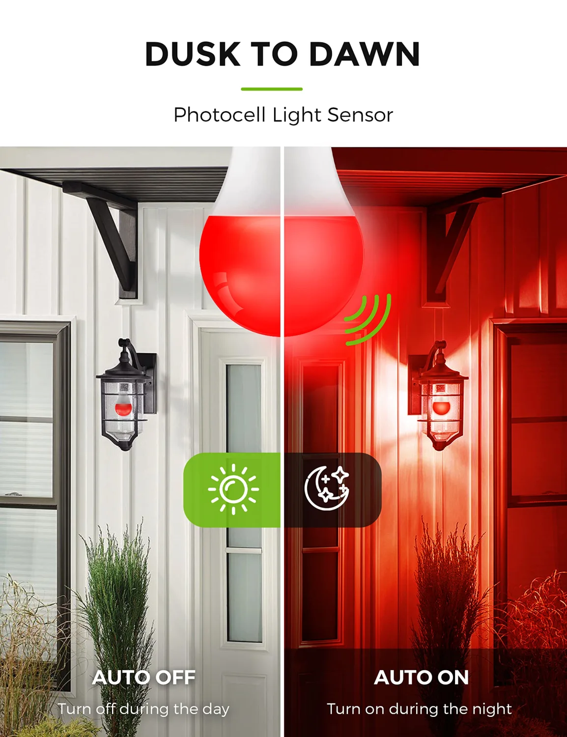 LOHAS Red Light Bulbs Outdoor, Dusk to Dawn Sensor A19 Red Porch Lights 40W Equivalent, 6W Pure Red Colored Light Bulb, Auto-On/Off E26 Base for Christmas, Party Wedding, Porch, Patio, Backyard 4 Pack