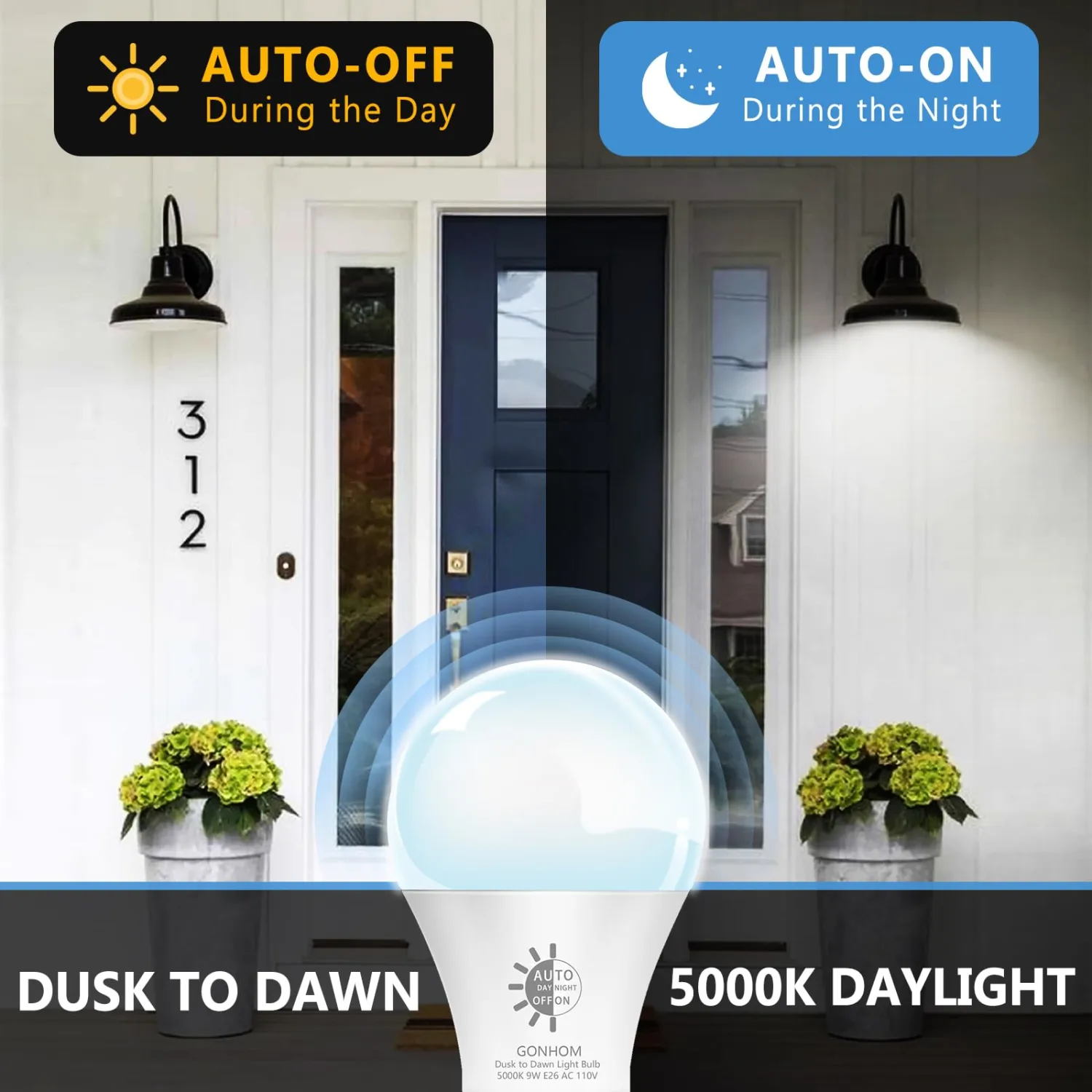 8 Pack Dusk to Dawn Light Bulbs Outdoor, 5000K-Daylight, 720LM, 9W(60W Equivalent) A19 E26 Automatic On/Off LED Light Bulbs, Dusk to Dawn LED Outdoor Lighting for Porch Garage Patio