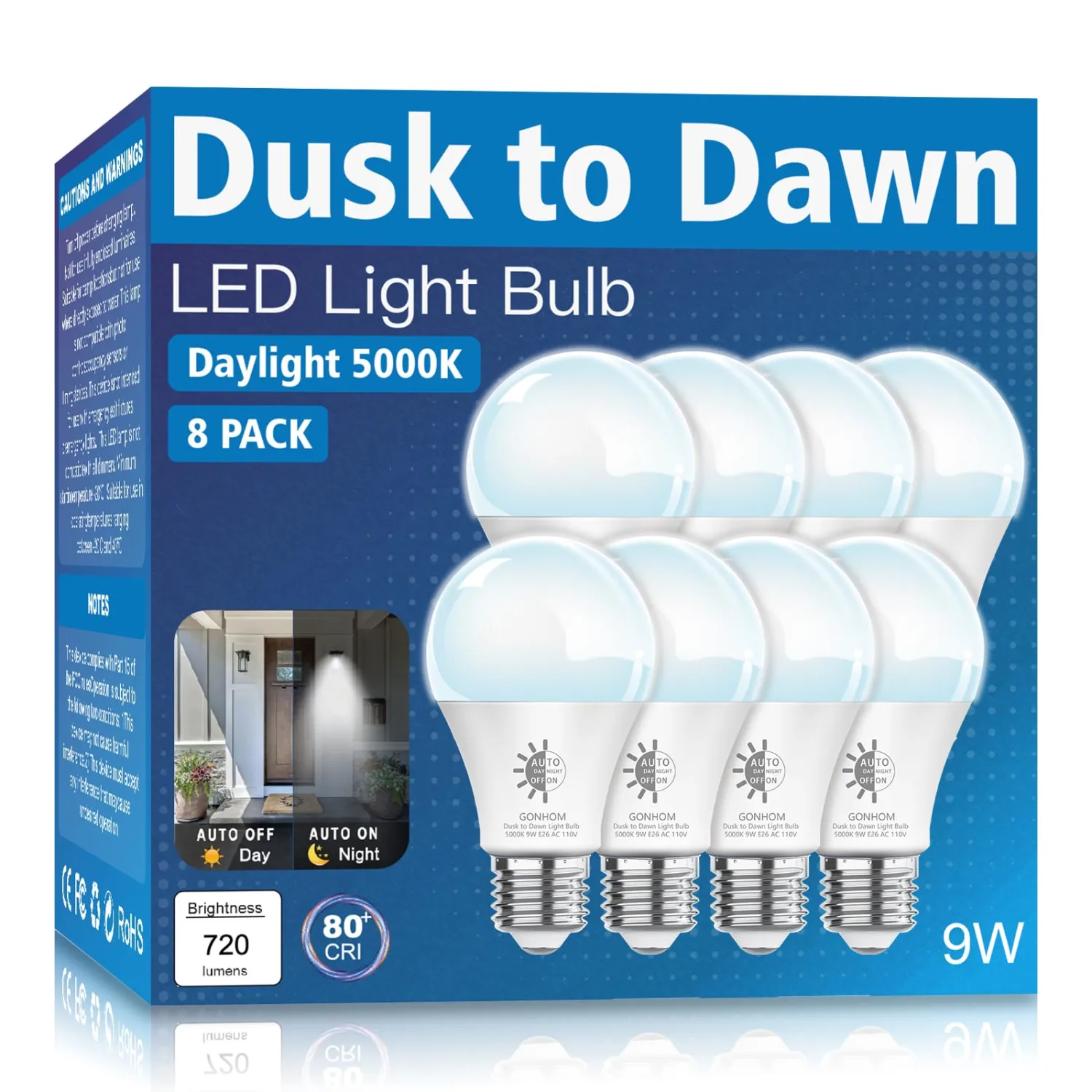 8 Pack Dusk to Dawn Light Bulbs Outdoor, 5000K-Daylight, 720LM, 9W(60W Equivalent) A19 E26 Automatic On/Off LED Light Bulbs, Dusk to Dawn LED Outdoor Lighting for Porch Garage Patio