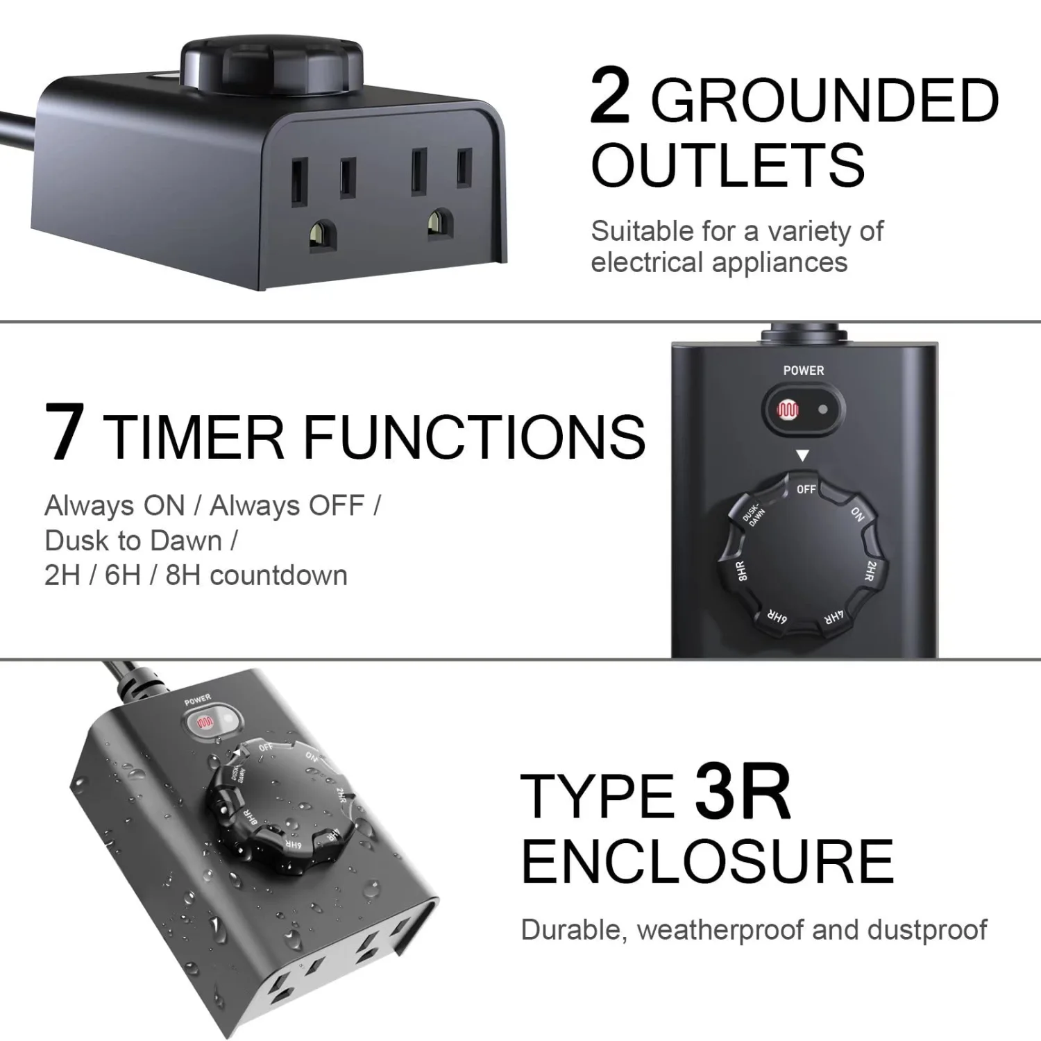 Outdoor Dusk to Dawn Sensor Timer, Waterproof Plug in Outlet Light Timer with 2 Grounded Outlets (Rotary Switch 2 Pack)