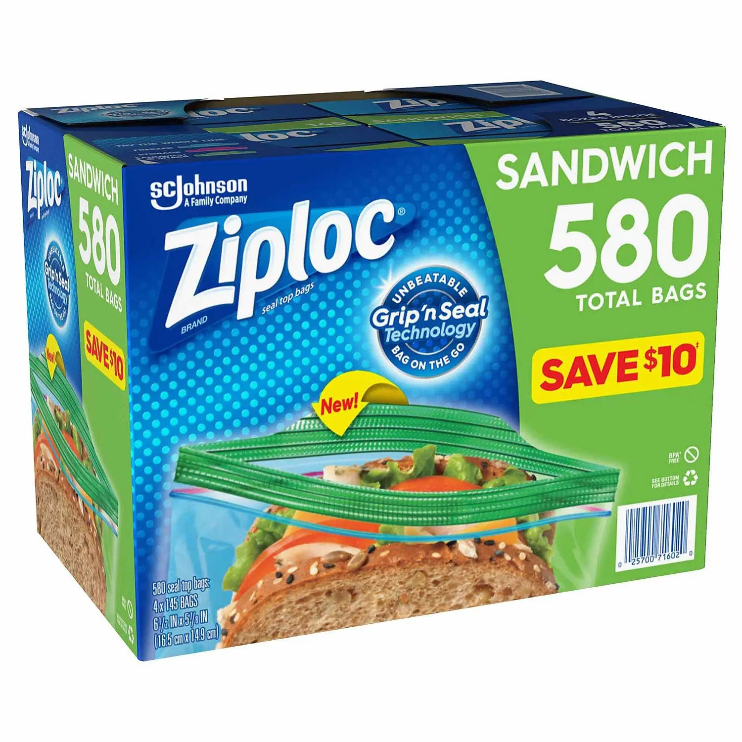 Ziploc Easy Open Tabs Sandwich Bags 580, 145 Count (Pack of 4)