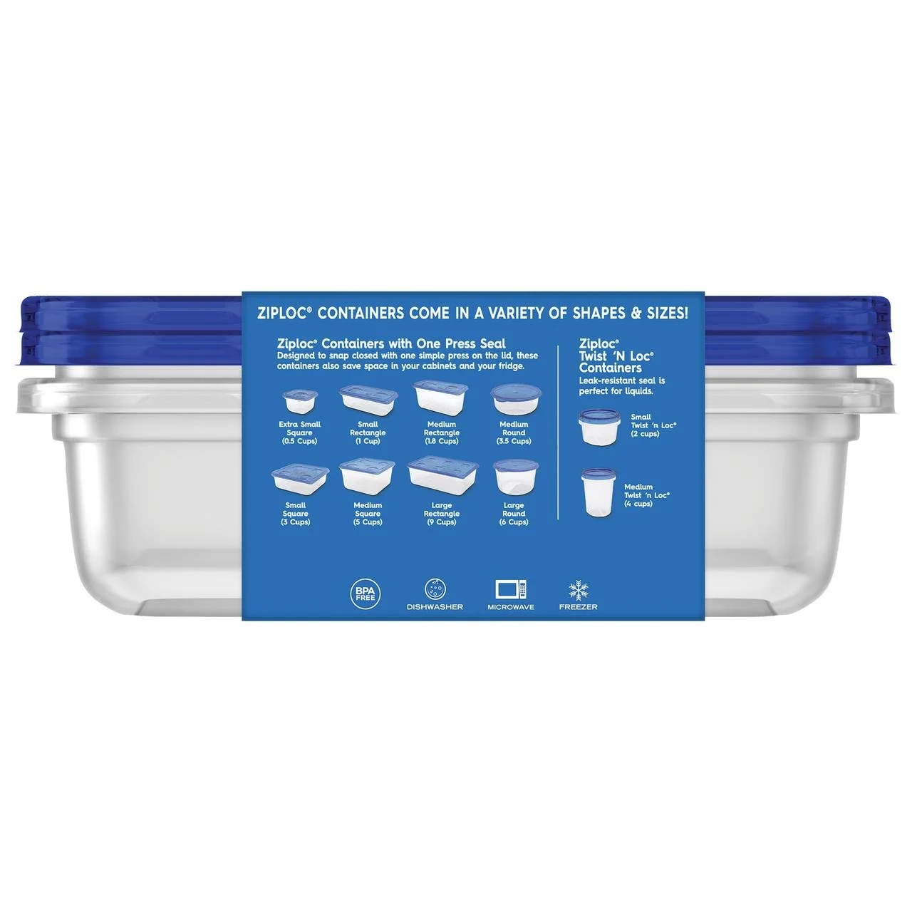 Ziploc Storage Containers Large Rectangle 2 Pack One Press Seal 2.25 QUART