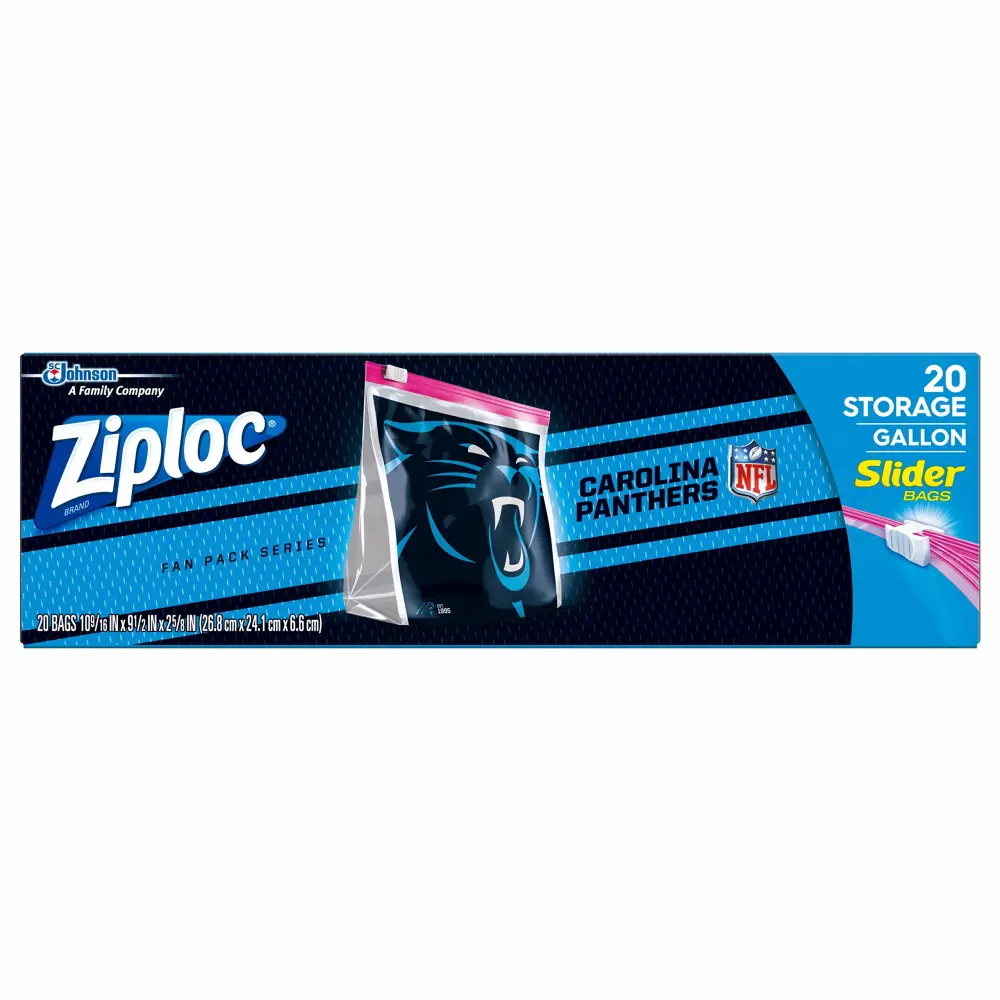 Ziploc Slider Storage Gallon Bag, Great for Grab-and-go Snacking, Tailgating or homegating, 20 Count- NFL North Carolina Panthers