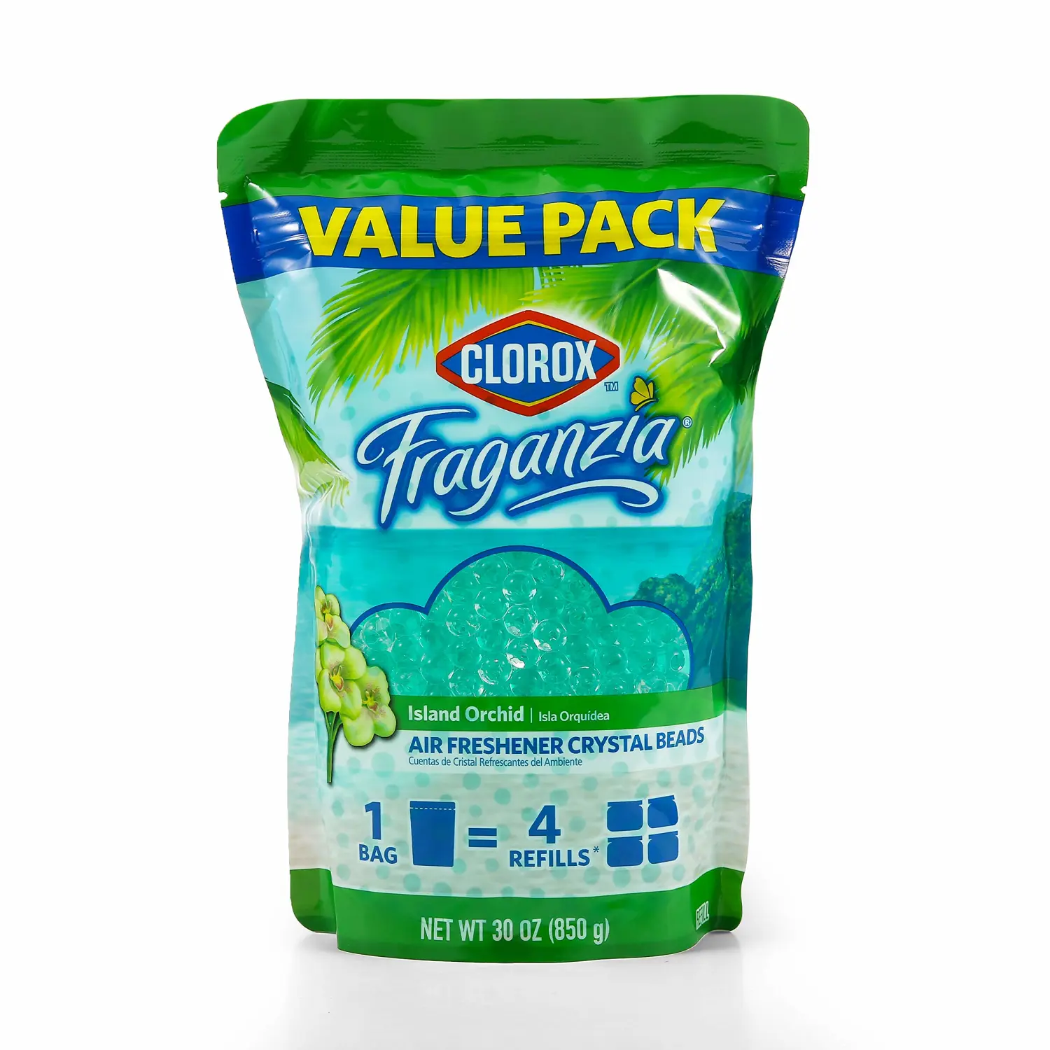 Clorox Fraganzia Air Freshener Beads Refill Pouch in Island Orchid Scent, 30 oz | Gel Beads Air Freshener Scent Beads | Car Air Freshener for Car or Home
