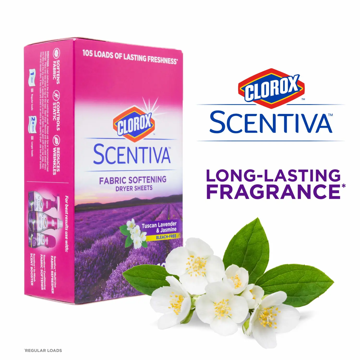 Clorox Scentiva Fabric Softening Dryer Sheets | Fabric Sheets in Tuscan Lavender & Jasmine Scent | Laundry Dryer Sheets for Fresh & Clean Clothes| 105 Count