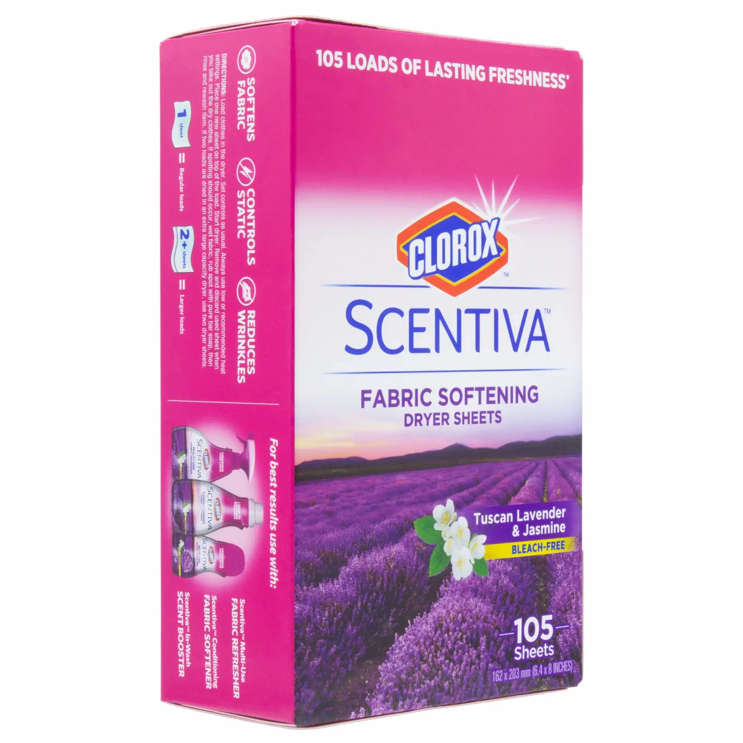 Clorox Scentiva Fabric Softening Dryer Sheets | Fabric Sheets in Tuscan Lavender & Jasmine Scent | Laundry Dryer Sheets for Fresh & Clean Clothes| 105 Count