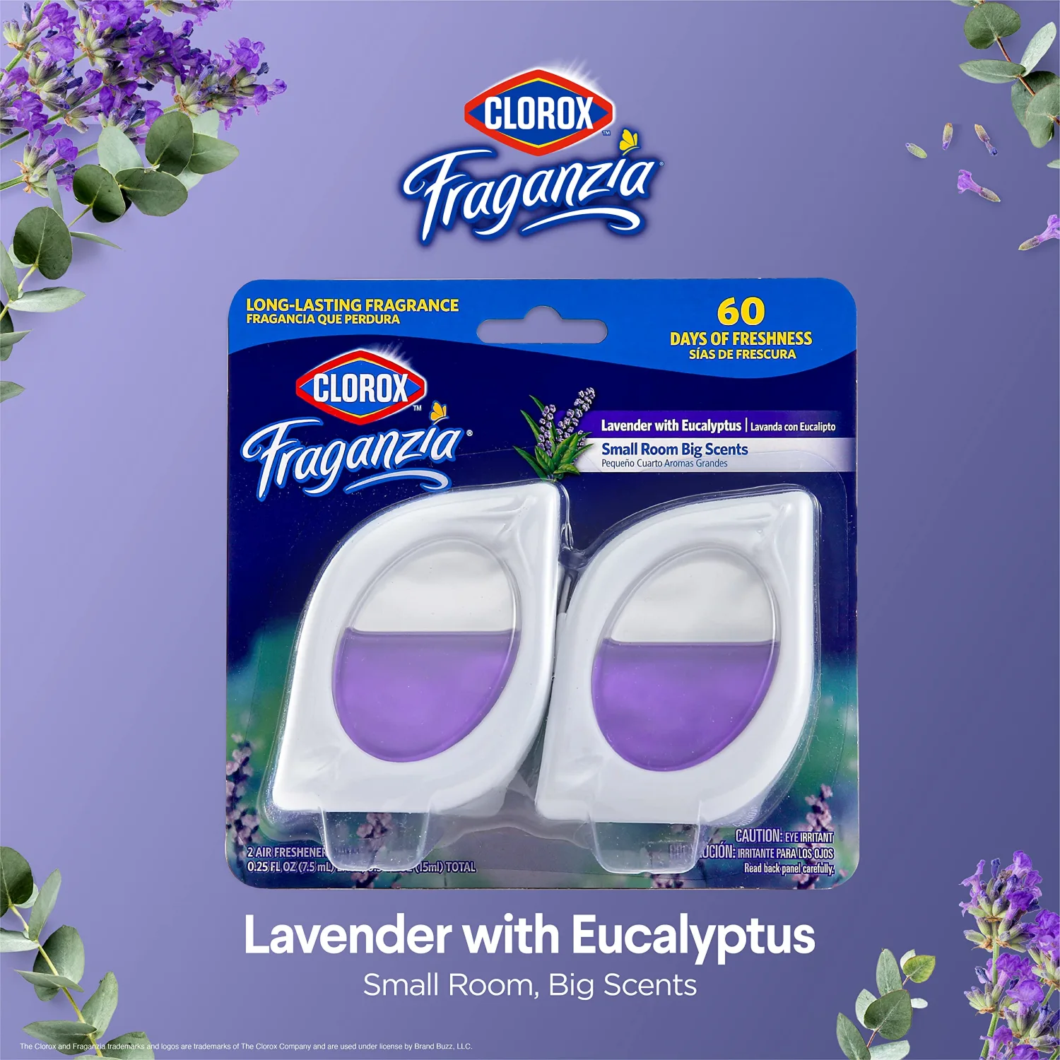 Clorox Fraganzia Small Room Air Freshener in Lavender with Eucalyptus |Peel & Place Air Freshener, No-Plug, Battery-Free for Closets, Laundry Room, Entry Way, Bathroom, Locker, 2 Air Freshener Units