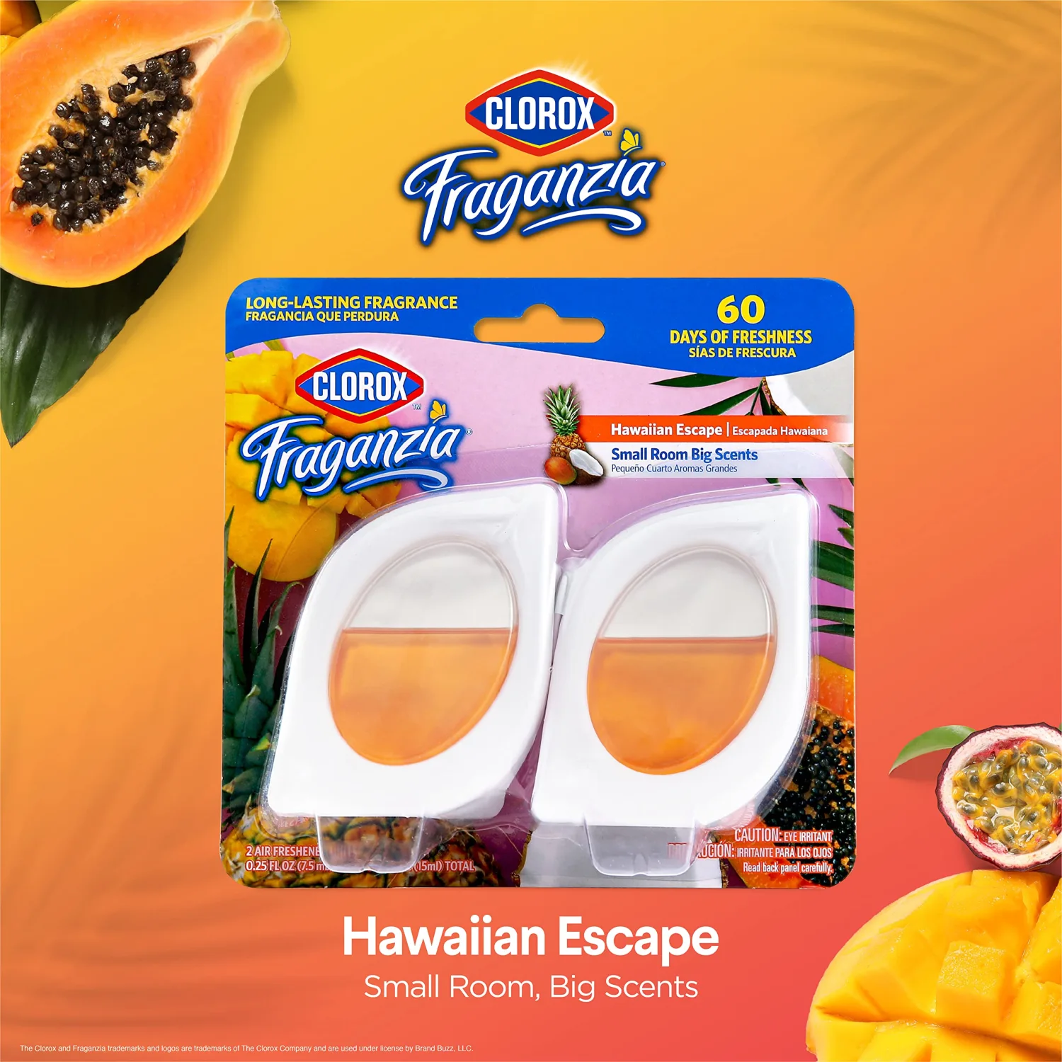 Clorox Fraganzia Small Room Air Freshener in Hawaiian Escape, 2ct | Peel & Place Air Freshener, No-Plug, Battery-Free for Closets, Laundry Room, Entry Way, Bathroom, Locker, 2 Air Freshener Units