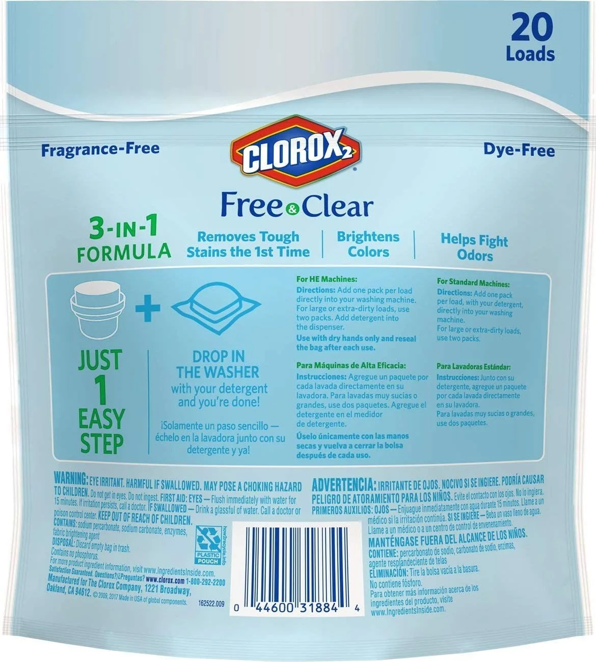 Clorox 2 Free & Clear Laundry Stain Remover & Color Booster Packs, 20 Count (Pack of 2)